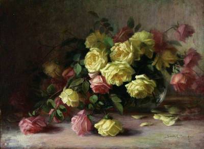 Pink & yellow roses in glass vase