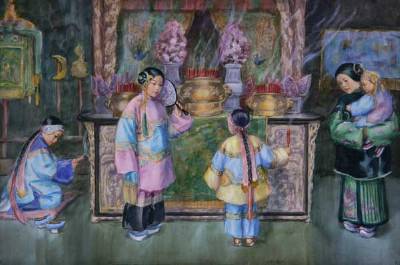 Chinese figures in a temple interior