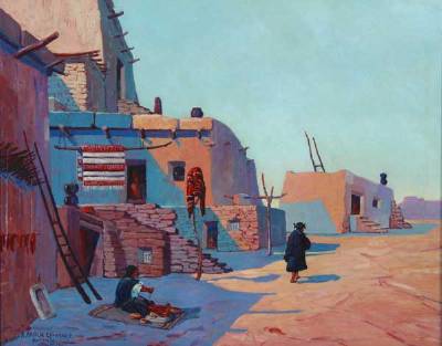 Indian in pueblo scene
