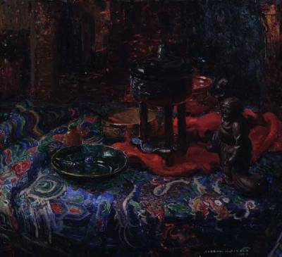 Still Life - Censer & Bowls On Chinese Silk Shaw