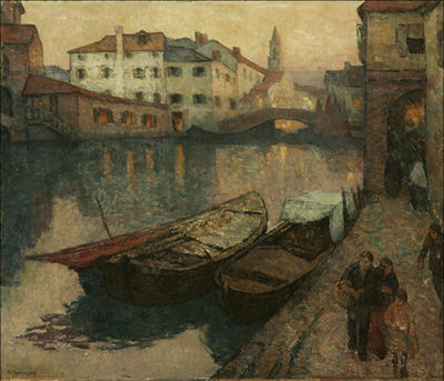 Figures in European canal scene