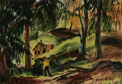 Cabin and Figure in Trees