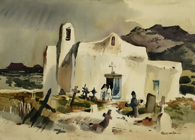 Taos church by Robert Earle Wood - Auction record, sale price, and art valuation. Compare with similar artists and explore comparable artworks.