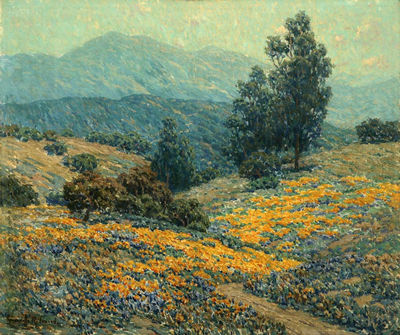 California landscape with eucalyptus, poppies and lupine
