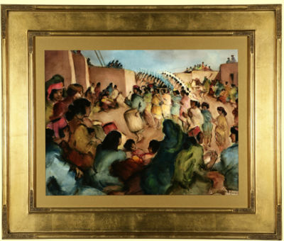 Indian dance procession in an adobe plaza by Gene Kloss - Auction record, sale price, and art valuation. Compare with similar artists and explore comparable artworks.