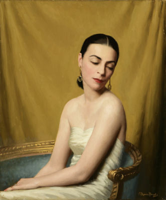 Portrait of a woman in a white satin dress