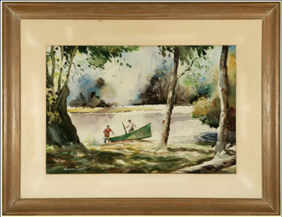 Hunters with a green canoe in a river landscape