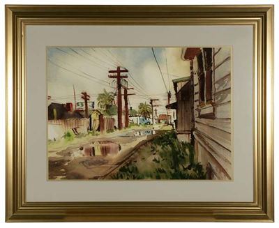 Alley, houses and car after the rain