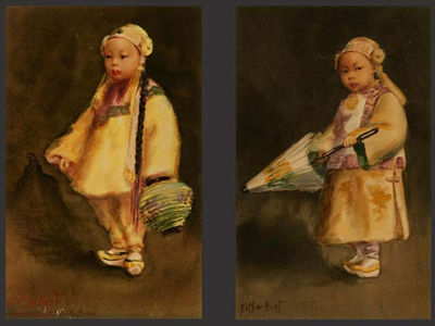 Two works: Chinese girls holding an umbrella and a lantern
