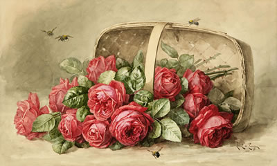 A tumbling basket of red roses with four bumblebees