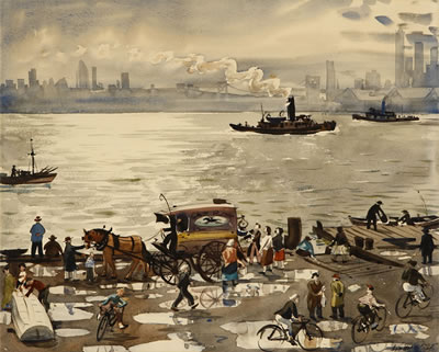 Dockside with a view of New York, possibly Brooklyn docks looking north east at lower Manhattan by Lee Blair - Auction record, sale price, and art valuation. Compare with similar artists and explore comparable artworks.
