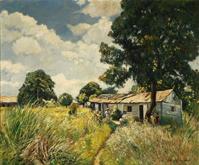 House and figures in a Dominican Republic landscape