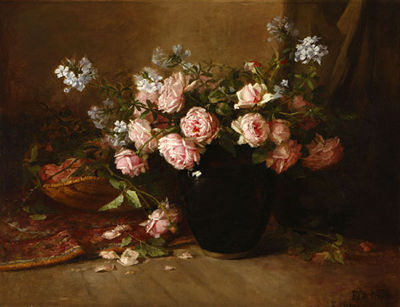 Pink roses with Oriental rug still life