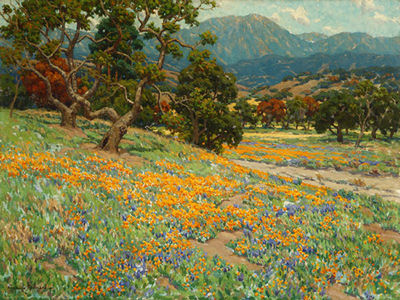 California landscape with oaks, poppies & lupine
