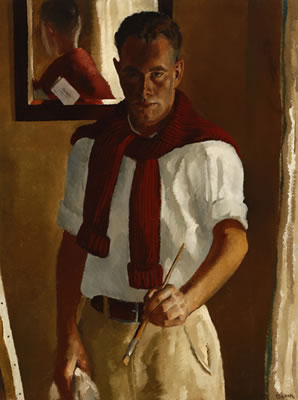 Portrait of Lee Blair: Self-portrait of the artist wearing a red sweater on his shoulders standing before a mirror