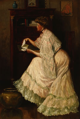 Mrs. Violet Rhodes (Jackman) at her desk in Paris