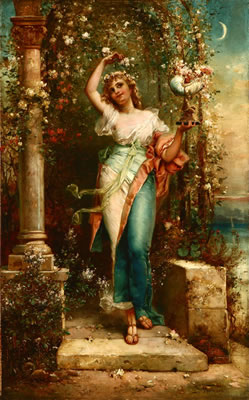 Nymph Before an Arched Garden Trellis With Flowers