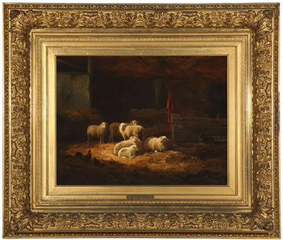 Barn interior with sheep and chickens