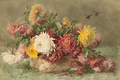 Chrysanthemums in a Woven Basket with Three Bumblebees
