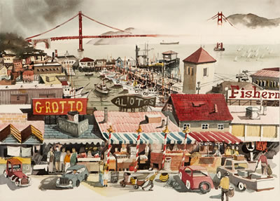 Sweeping View of Fisherman's Wharf and the Golden Gate Bridge by Jake Lee - Auction record, sale price, and art valuation. Compare with similar artists and explore comparable artworks.