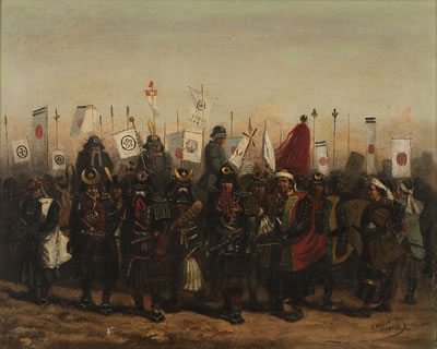 Japanese Samurai dressed for battle with military banners and Japanese flags flying