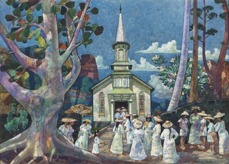 Sunday Morning, Moorea by Millard Sheets - Auction record, sale price, and art valuation. Compare with similar artists and explore comparable artworks.