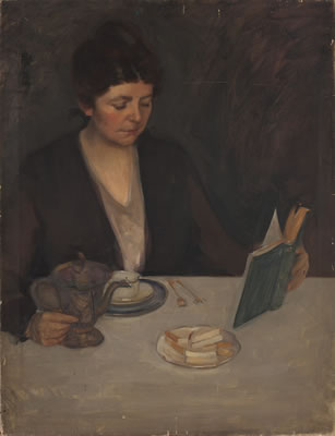 Portrait of Kathryn Woodman Leighton: Self portrait of the artist seated at a table