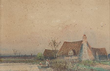Landscape with cottage and figures in a boat