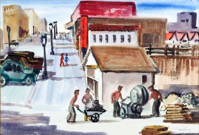 City workers in urban landscape