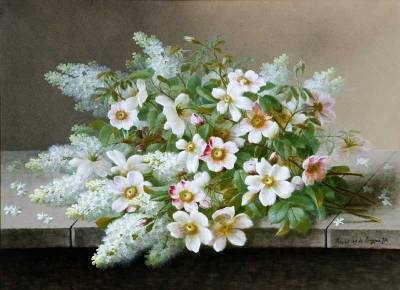Still life- roses & lilacs on stone shelf