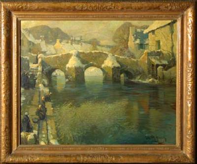 Figures beside Normandy river scene