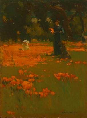 Woman & Children Picking Poppies In Coastal Landscape
