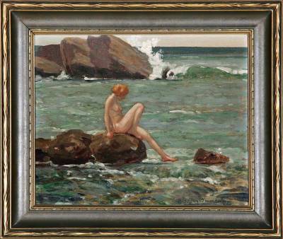 Nude seated on rocks in ocean landscape by John Jay Baumgartner - Auction record, sale price, and art valuation. Compare with similar artists and explore comparable artworks.