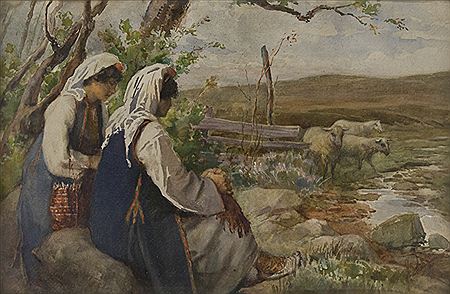 PEASANTS WITH A FLOCK CLOSE TO A CREEK