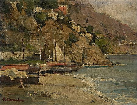 COASTAL LANDSCAPE WITH BOATS ON THE COAST AND VILLAGE ON THE HILL (a pair) by Arturo Terracina - Auction record, sale price, and art valuation. Compare with similar artists and explore comparable artworks.