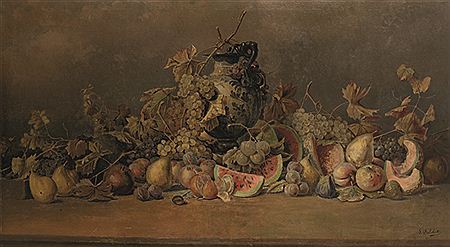 Natura morta di frutta con vaso su un piano