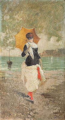 Giovane donna elegante con ombrello giallo sulla spiaggia