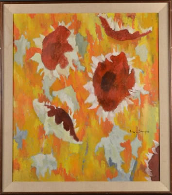 A sunflower in a bold, almost abstract design in rusts and yellows by Reva Shwayder - Auction record, sale price, and art valuation. Compare with similar artists and explore comparable artworks.
