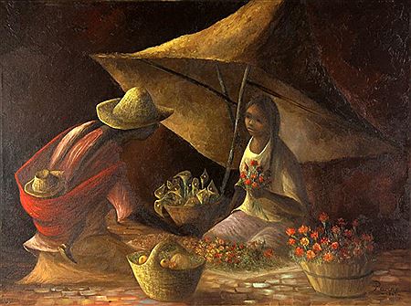 A young girl selling flowers and another figure carrying a young child in a papoose