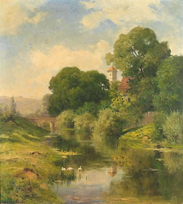 Flusslandschaft mit steinerner Brücke, hinter Bäumen verstecktes Gehöft und Turm by Oscar Leu - Auction record, sale price, and art valuation. Compare with similar artists and explore comparable artworks.