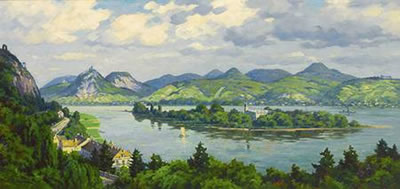 Rheinlandschaft mit Blick auf Insel Mönchenwerth, Drachenfels und Siebengebirge