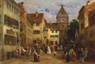 Blick auf belebte Straße mit Hochzeitsgesellschaft vor Gasthaus und Torturm in einer oberschwäbischen Stadt (Ravensburg Obertor?). by Ludwig von Hagn - Auction record, sale price, and art valuation. Compare with similar artists and explore comparable artworks.