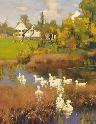 Sommertag auf dem Land mit Ententeich vor malerischem Gehöft by Franz Grassel - Auction record, sale price, and art valuation. Compare with similar artists and explore comparable artworks.