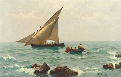 Morgenstimmung an der Adria mit Fischerbooten und Langustenfischern. Im Vordergrund felsige Küste. In typischer Manier