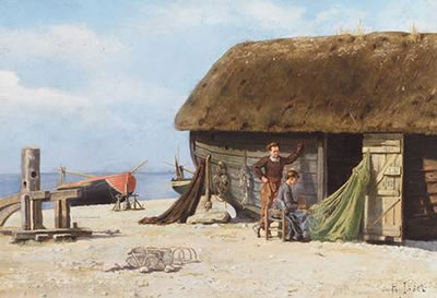 Fischerfamilie am Strand; junge Frau flickt Netz by Heinrich Issel - Auction record, sale price, and art valuation. Compare with similar artists and explore comparable artworks.