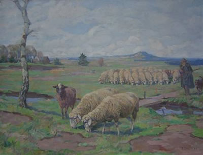 Schäfer mit seiner Herde in Frühlingslandschaft