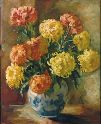 Bunter Chrysanthemenstrauß in blau-weißer Vase by Marie Eberhard - Auction record, sale price, and art valuation. Compare with similar artists and explore comparable artworks.