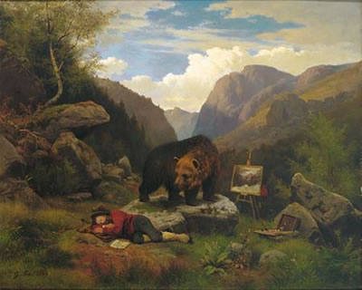 Norwegische Gebirgslandschaft. Im Vordergrund der schlafende Künstler, neben ihm ein Bär, seitlich Staffelei und Malkasten. Schilderung aus der abenteuerlichen Malerreise Saals nach Norwegen
