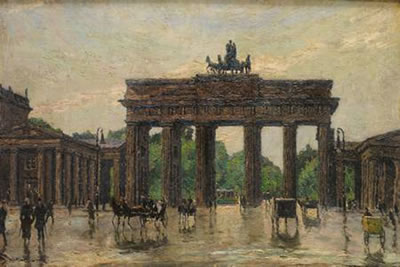 Blick auf das Brandenburger Tor mit Passanten und Kutschen