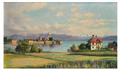 Blick über den Malerwinkel auf Villa, Wasserburg und Gebirgssilhouette an einem prachtvollen Frühlingstag